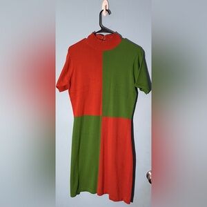Vintage Orange & Green Color Block Dress with matching collared sweater